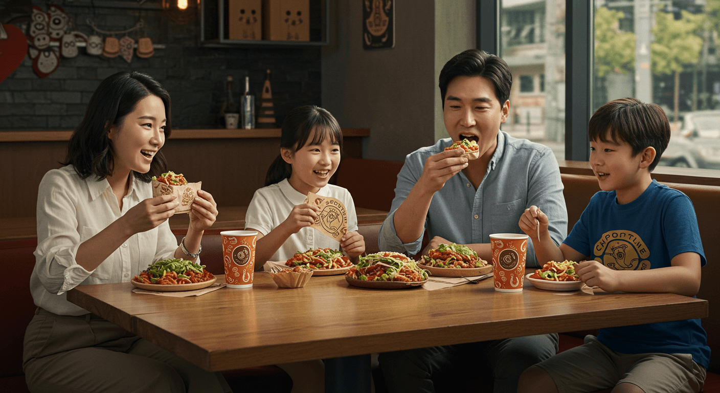 한국 가족이 치폴레 음식을 함께 나누며 즐겁게 식사하는 장면 2