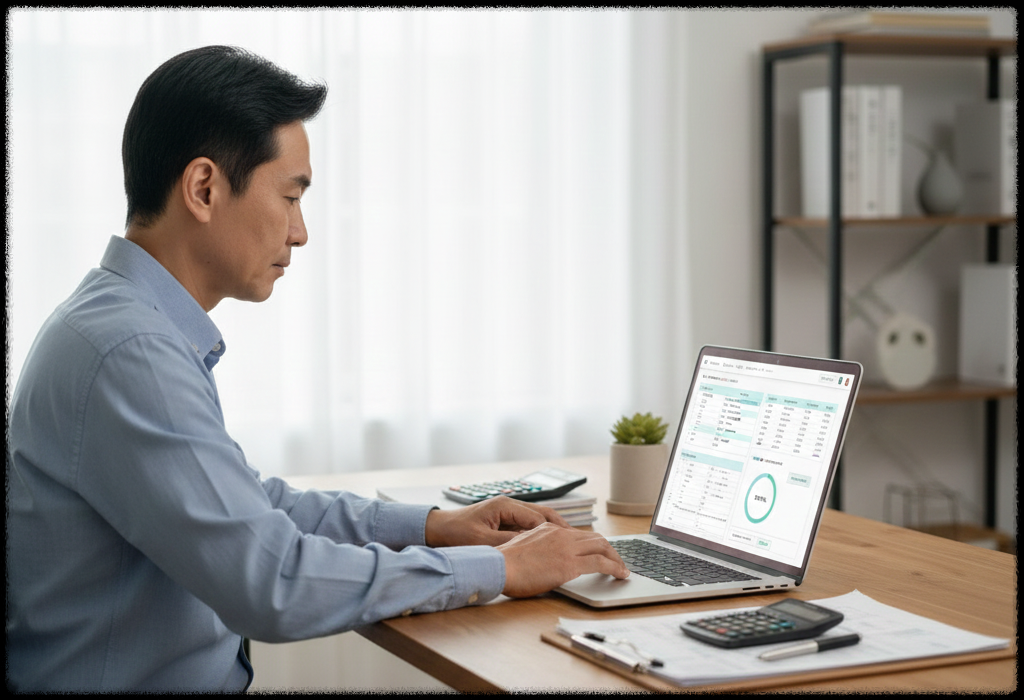 홈택스 화면을 보며 연말정산 자료를 조회하는 모습