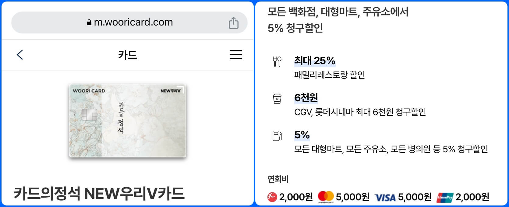 애슐리 퀸즈 청구할인 받을 수 있는 우리카드 카드의 정석 NEW우리 V카드