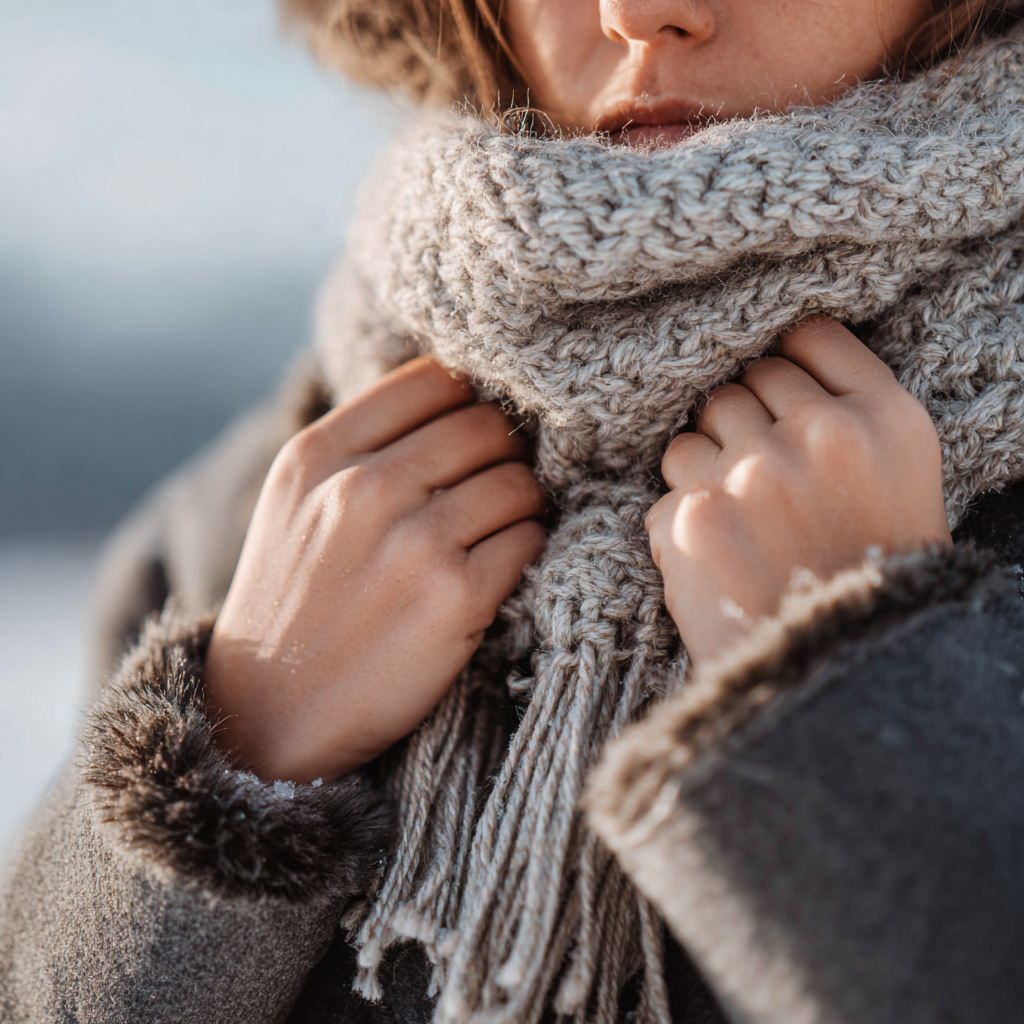 따뜻한 목도리와 겨울옷으로 체온을 보호하는 실사형 이미지