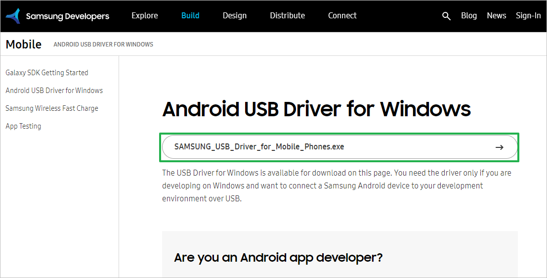 Samsung Developers 다운로드 페이지