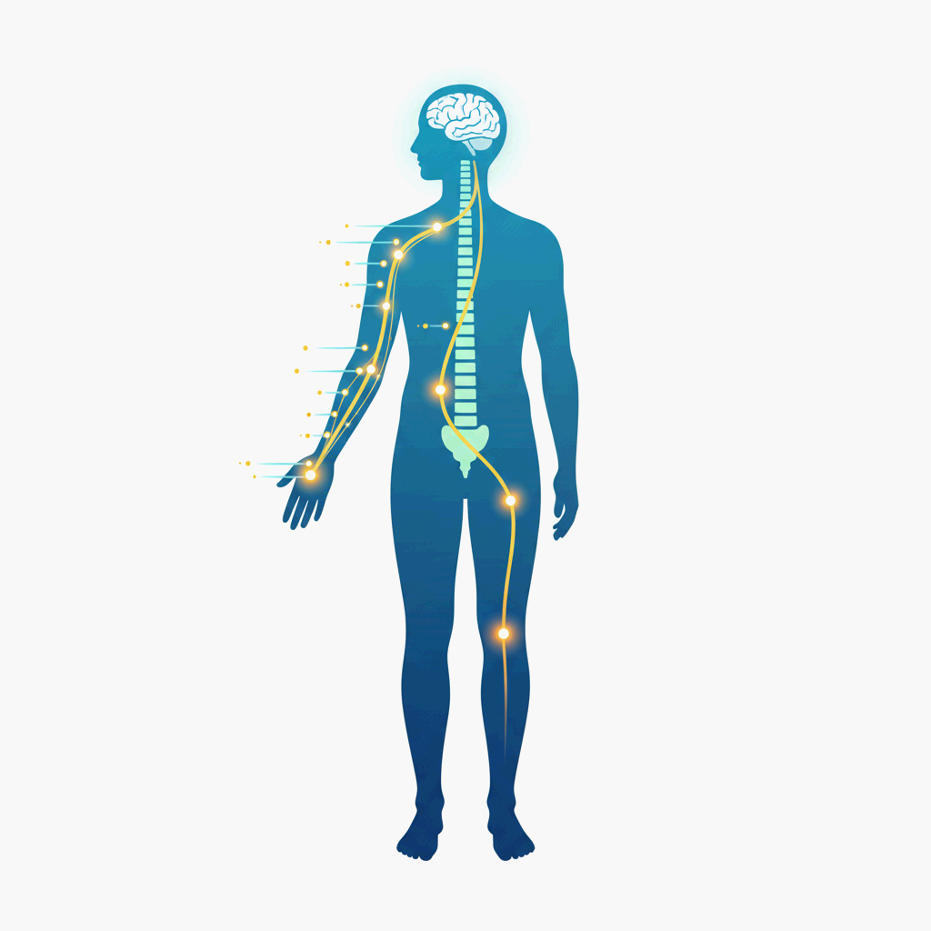 신경이 정보를 전달하는 경로를 상징적으로 표현한 과학 일러스트레이션