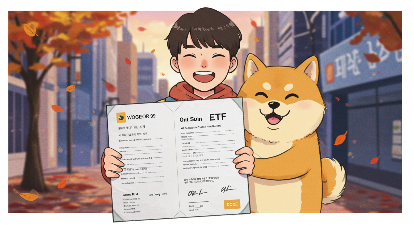 도지코인 ETF 문서를 들고 기뻐하는 투자자와 시바견 캐릭터