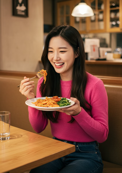 음식을 맛있게 먹고 있는 여성