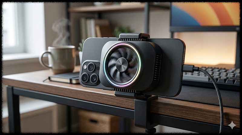 스마트폰에 쿨링 팬을 부착하여 발열을 줄이는 모습