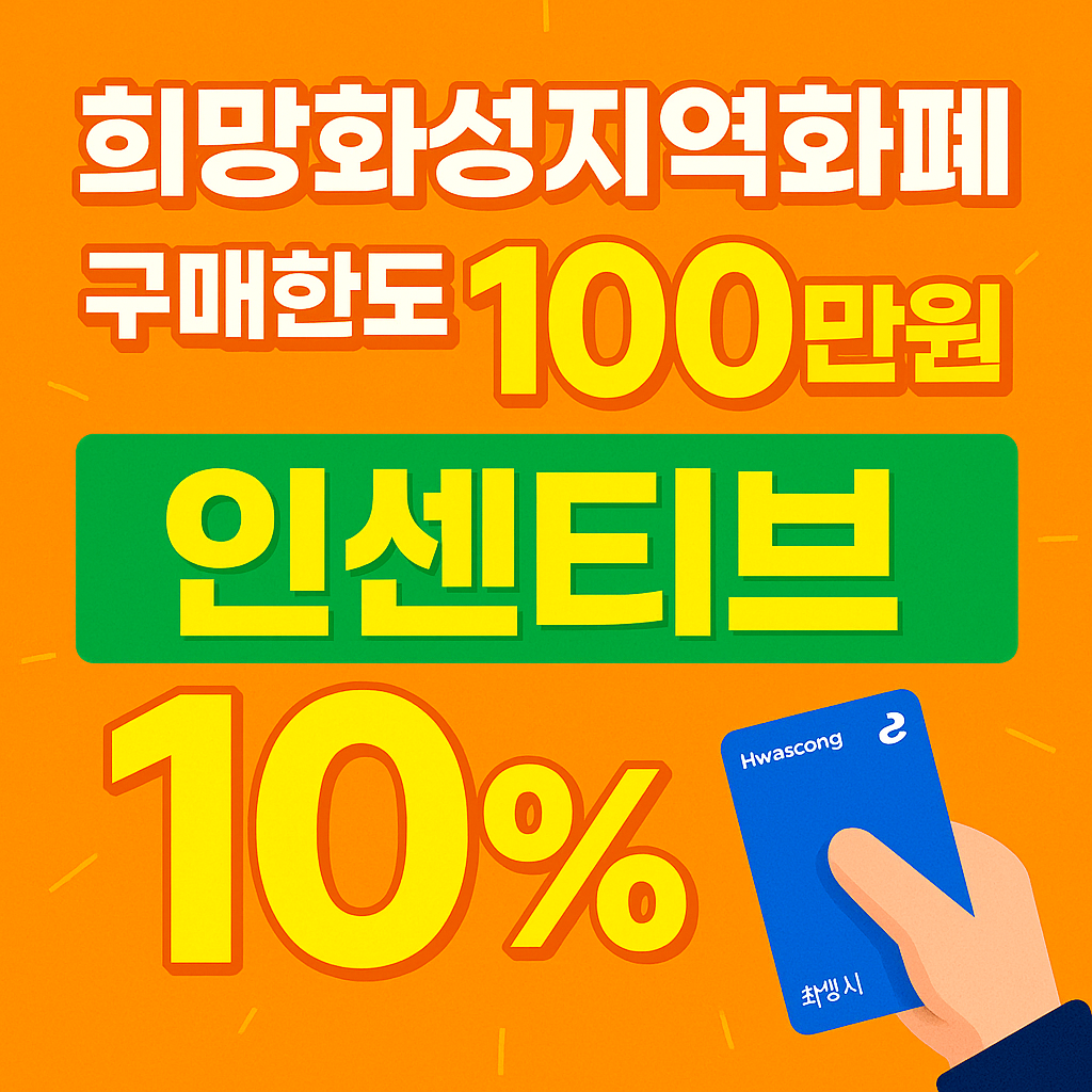 &ldquo;화성시 지역화폐 10% 인센티브 혜택을 강조하는 안내형 그래픽 이미지&rdquo;