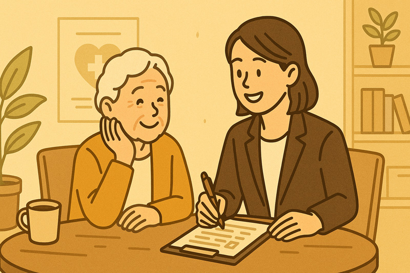 어르신과 상담하며 복지 서비스를 설명하는 사회복지사