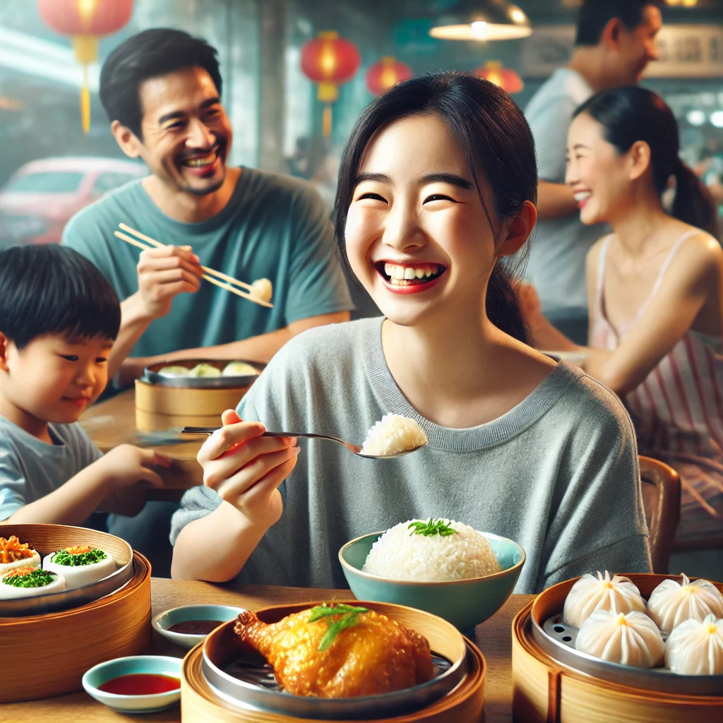 치킨라이스를 맛있게 먹는 아이, 딤섬을 골라 담는 가족 모습