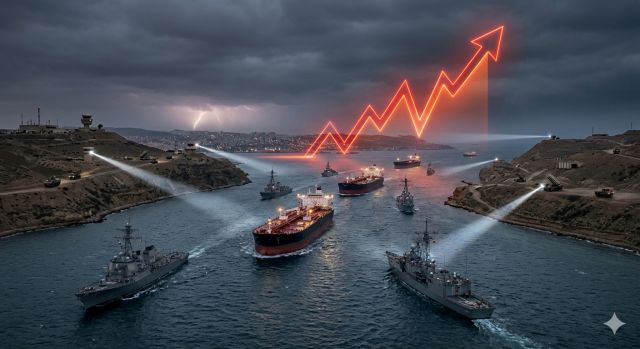 호르무즈 해협 긴장 상황 속 유조선 이동과 국제 유가 상승 흐름을 보여주는 장면
