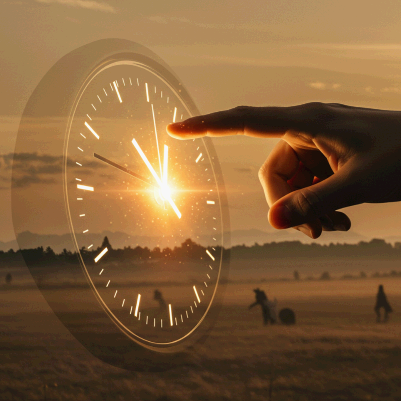 노을이 지는 들판 위, 손끝이 빛나는 시계와 맞닿아 시간이 멈춘 듯한 순간을 표현한 이미지