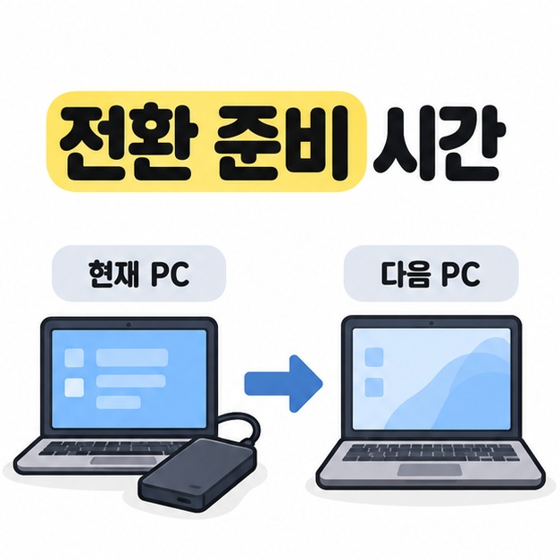 외장 저장장치가 연결된 현재 PC에서 다음 PC로 향하는 화살표를 보여주는 전환 준비 안내