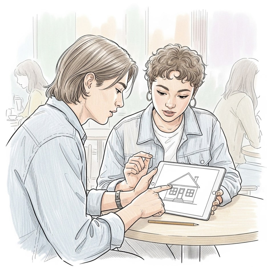 카페에서 가벼운 계획안을 공유하며 대화하는 두 사람