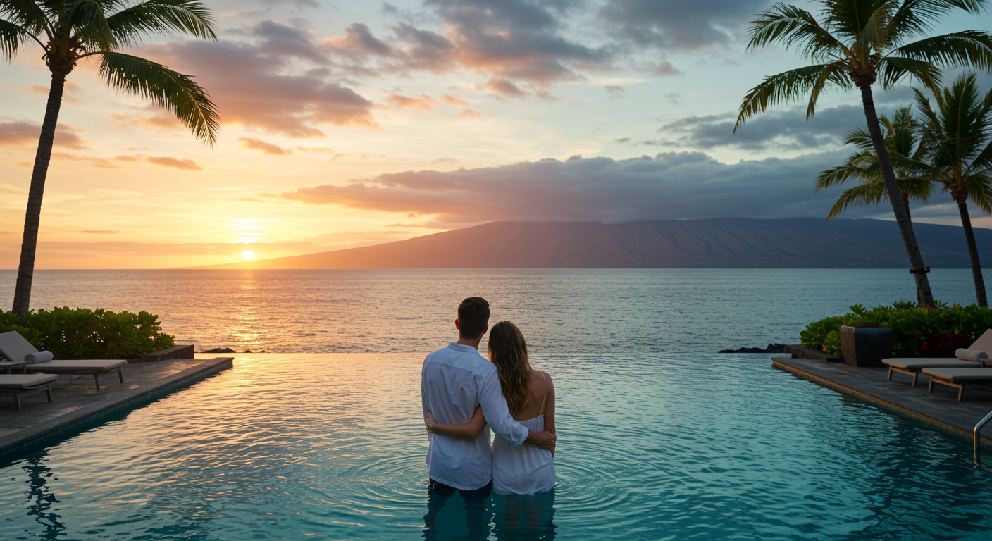 에메랄드빛 하와이 바다와 고급 리조트가 보이는 럭셔리 신혼여행 풍경