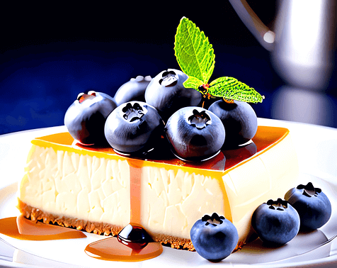 하얀 접시에 작은 치즈케이크 조각이 있고 그 위에는 보라색 블루베리 6개와 접시에는 3개가 있다.