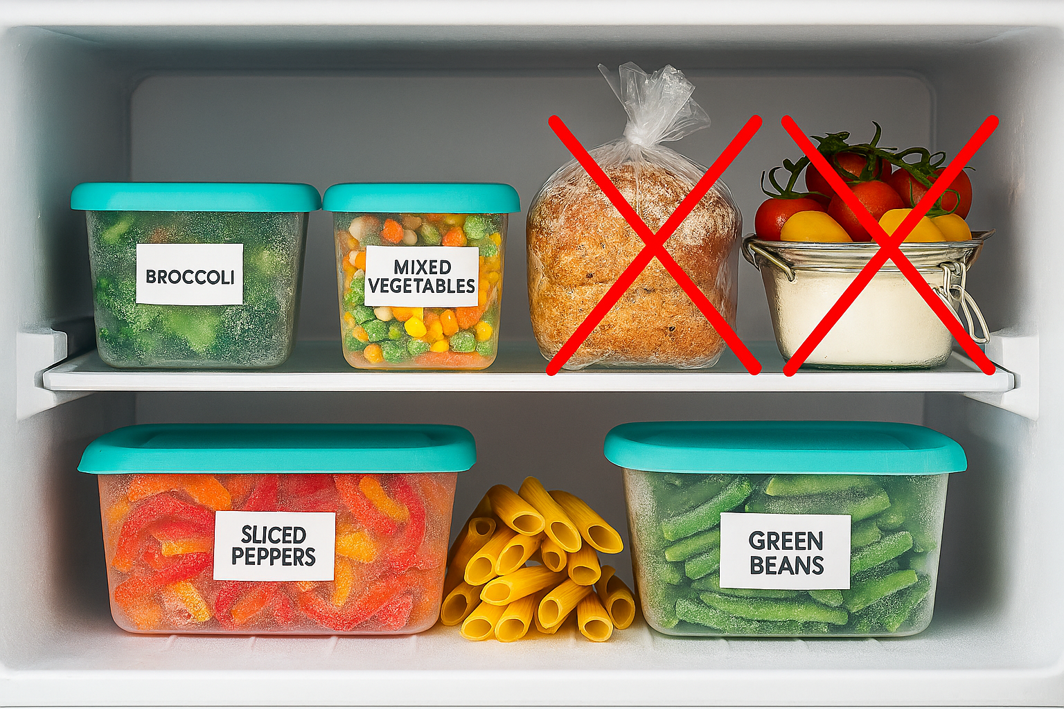 냉장고 냉동실 내부에 냉동 야채들이 투명 용기에 정리되어 있고, 얼리면 안 되는 식품에는 빨간 X 표시가 되어 있는 모습