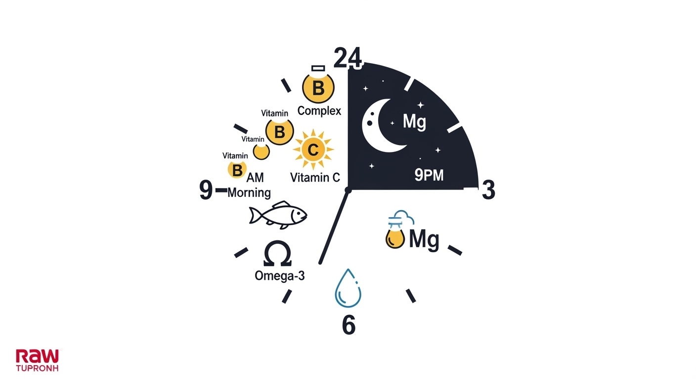 시간대별 추천 영양제를 보여주는 인포그래픽 시계 이미지