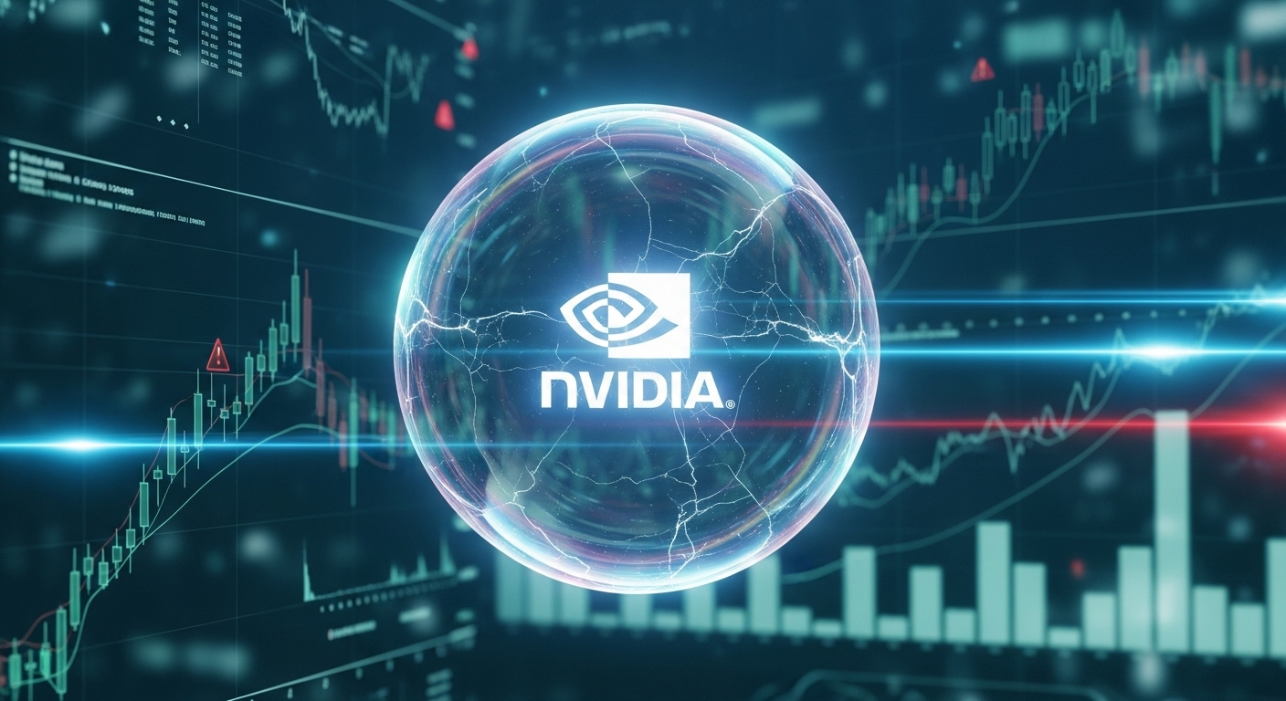 엔비디아 주가 거품 우려를 상징하는 빛나는 구와 전문가 분석이 담긴 추상적인 이미지.