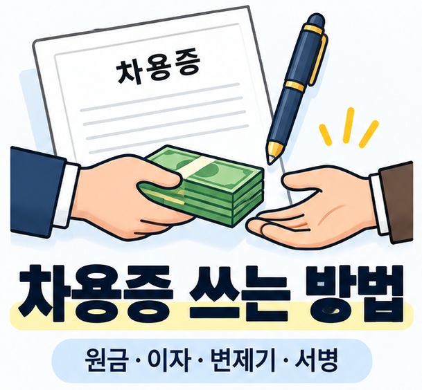 차용증 쓰는 방법을 상징하는 계약서와 펜 인포그래픽