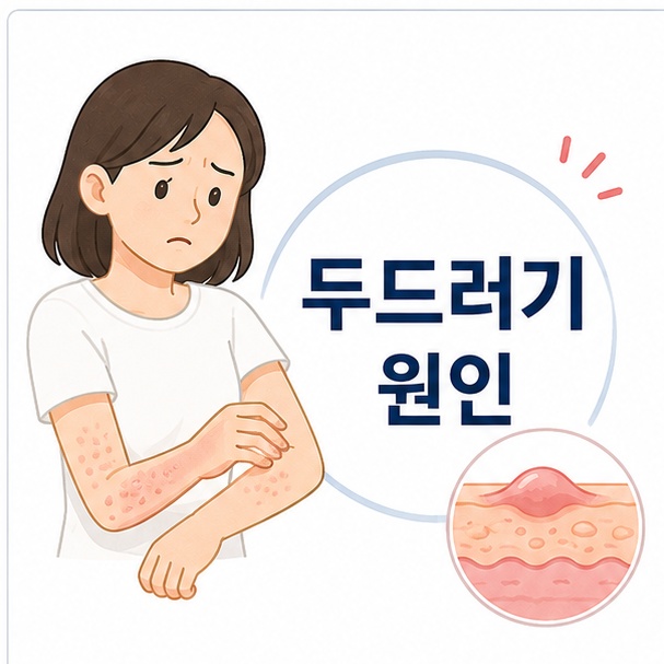 피부에 가볍게 부풀어 오른 두드러기가 나타난 사람을 이용해 두드러기의 다양한 원인을 소개하는 그림