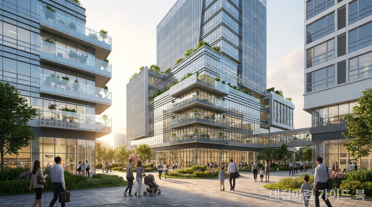 한국 지식산업센터가 주거용으로 전환될 가능성을 보여주는 미래 지향적인 건물과 다양한 한국인들의 모습