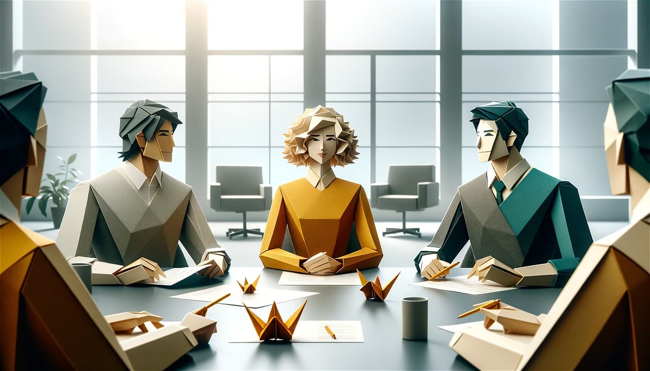 종이접기 스타일의 인물들이 회의 테이블에 둘러앉아 아이디어를 논의하는 장면, ChatGPT를 활용한 AI 브레인스토밍을 상징한다.