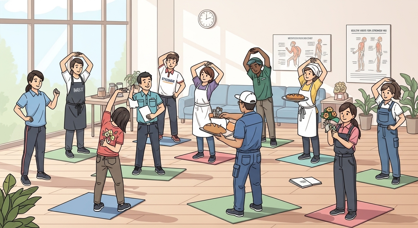 근로자 건강센터에서 물리치료사의 지도 아래 다양한 직종의 근로자들이 함께 근골격계 질환 예방 스트레칭 운동을 하는 모습.