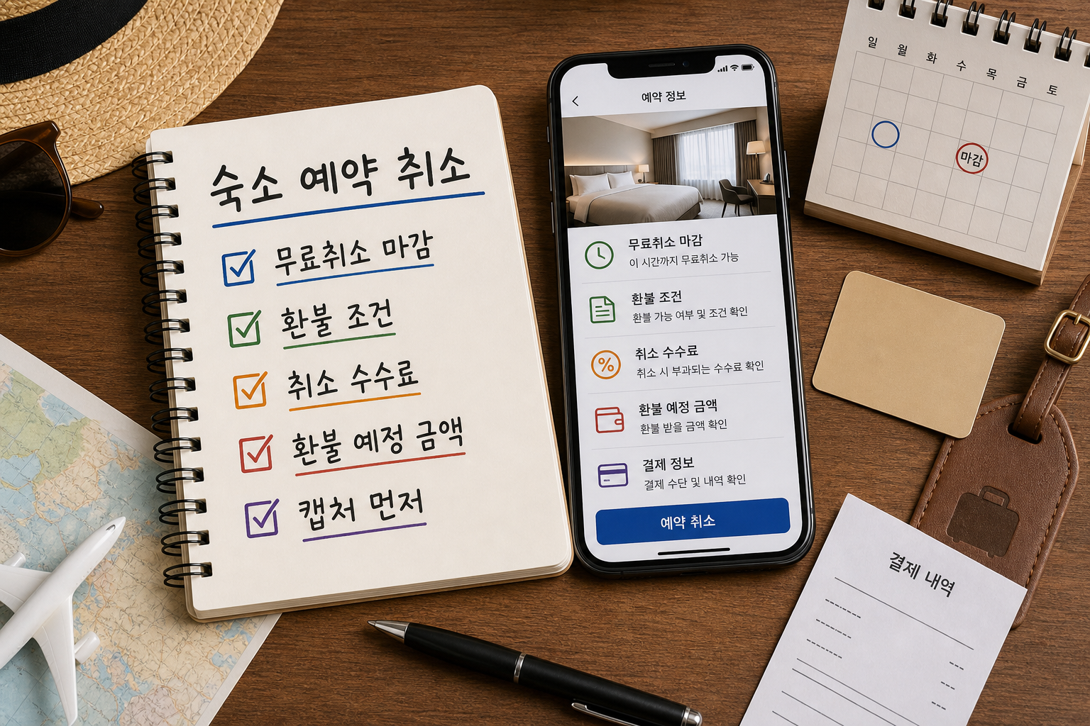 숙소 예약 취소 전 무료취소 마감, 환불 조건, 취소 수수료, 환불 예정 금액을 확인하는 대표 이미지