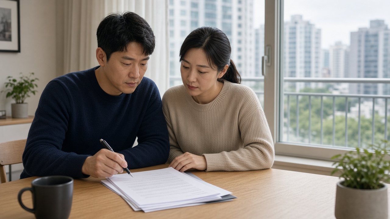 아파트 단지가 내려다보이는 거실 식탁에서 전세 계약서와 대출 서류를 살펴보는 30대 한국인 부부