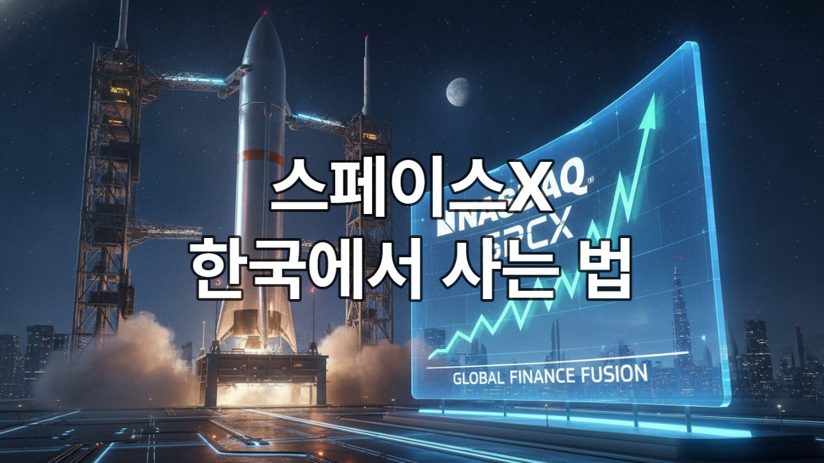 나스닥 전광판에 SPCX 티커가 떠 있는 가운데 발사를 준비 중인 스페이스X 스타쉽 로켓의 미래 지향적인 모습