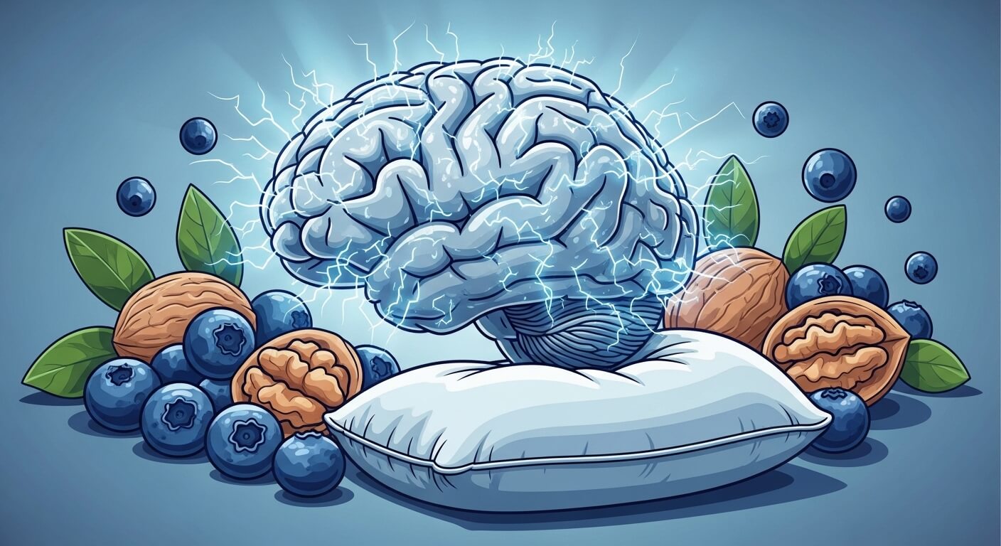 사람의 뇌를 형상화그림-옆에는 쿠션과 호도,블루베리등이 있다