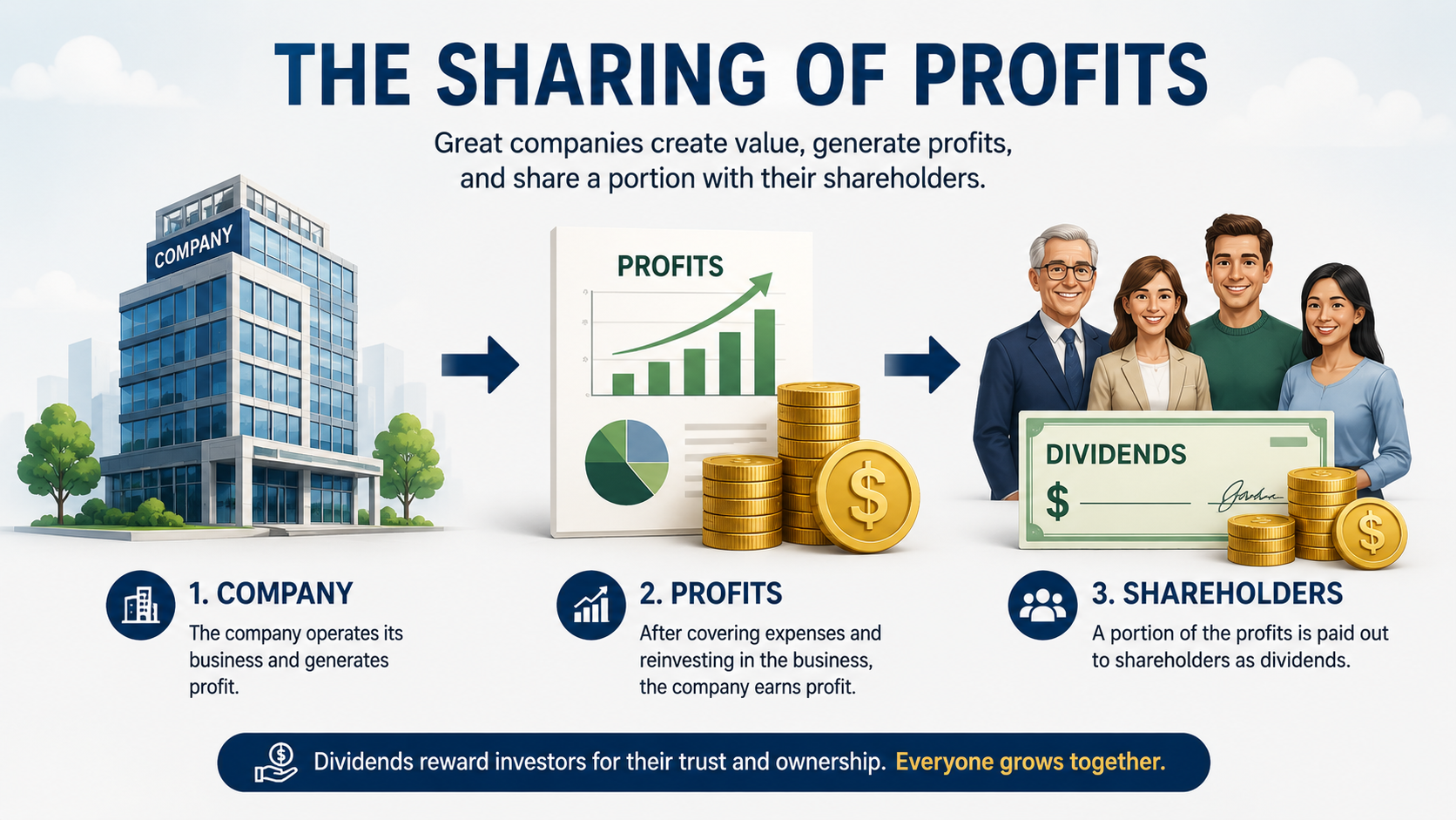 Company profits being shared with shareholders through dividend payments and long-term ownership rewards.