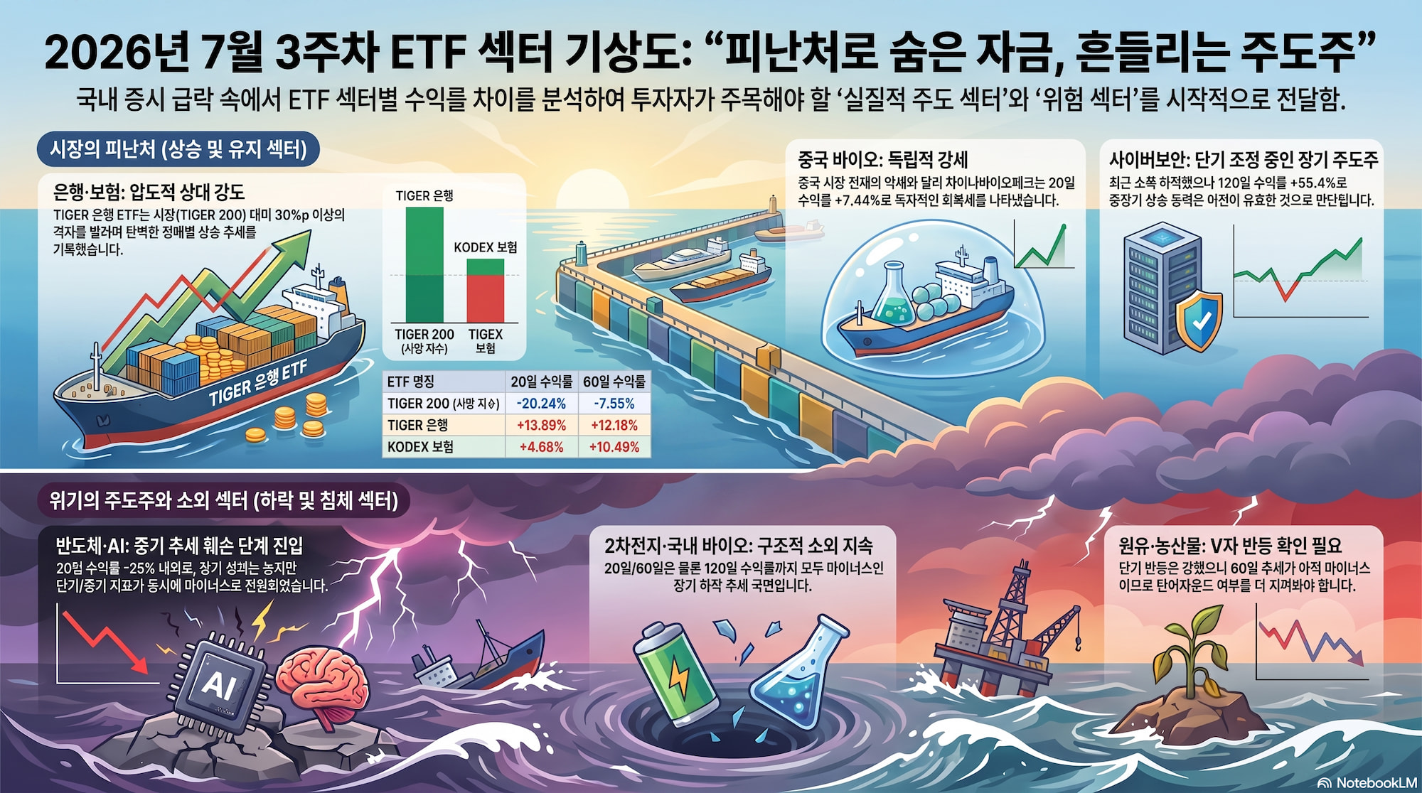 2026년 7월 3주차 국내 ETF 섹터 분석: 은행·보험 강세, 반도체·2차전지 급락