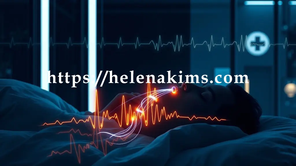 깔끔하고 미래적인 의료 공간 배경에 편안하게 잠든 사람의 옆모습, 그의 머리와 가슴에는 미세한 센서들이 섬세하게 부착되어 있고, 센서에서 뻗어 나가는 빛의 선들이 뇌파, 심전도, 호흡 파형 그래프 등으로 시각화한 이미지.