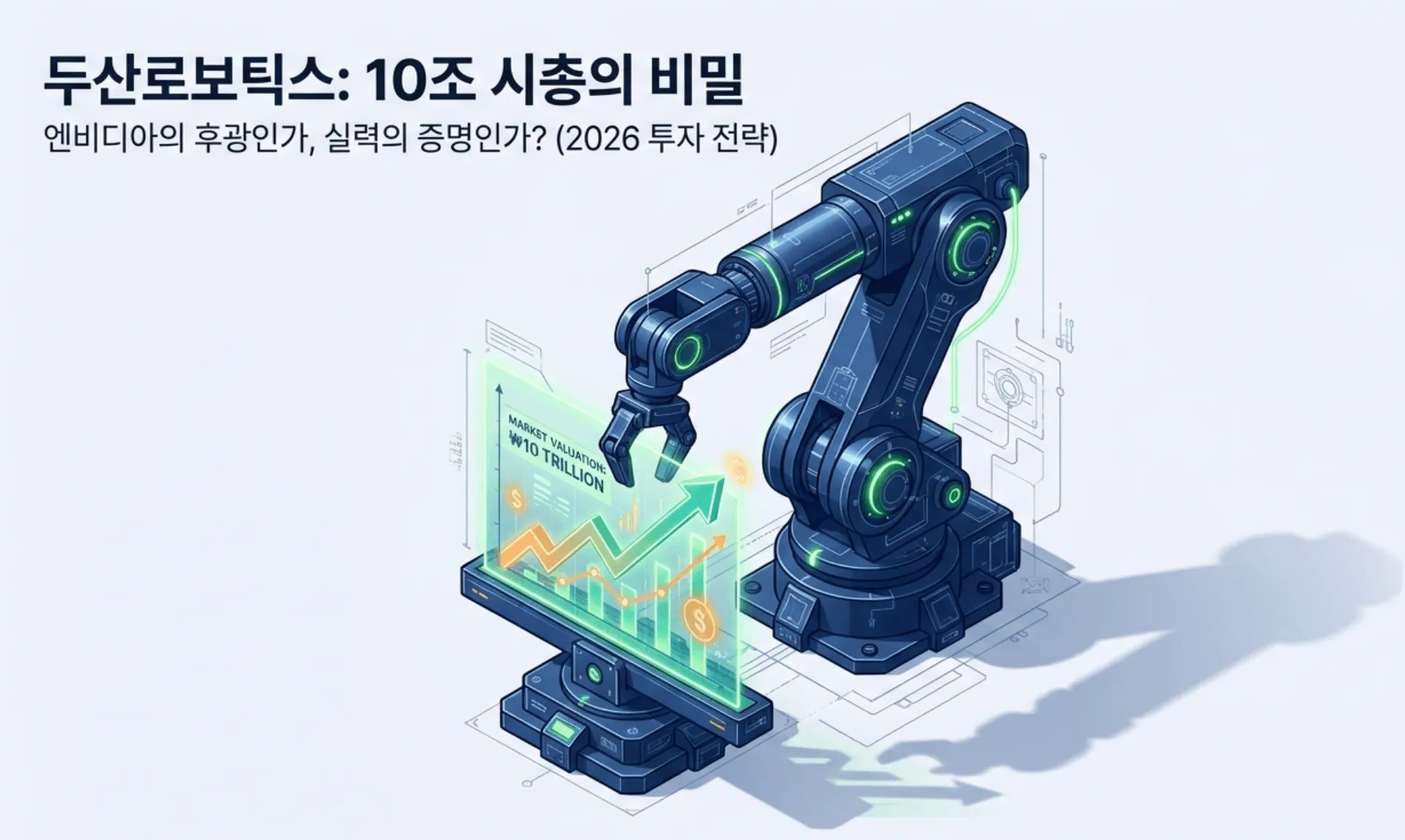 두산로보틱스 10조 시총의 비밀, 엔비디아의 후광인가 실력의 증명인가라는 제목과 협동로봇 팔이 시가총액 10조원 상승 그래프를 가리키는 모습이 담긴 두산로보틱스 주가 전망 대표 이미지. 이 이미지는 젠슨 황 엔비디아 협업 기대와 피지컬 AI 테마로 급등한 두산로보틱스의 2026년 투자 전략과 밸류에이션 분석을 시각적으로 전달하며, 블로그의 두산로보틱스 주가 전망 주제와 관련된 내용을 설명함