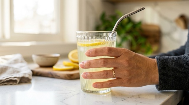 빨대로 레몬수 마시는 모습