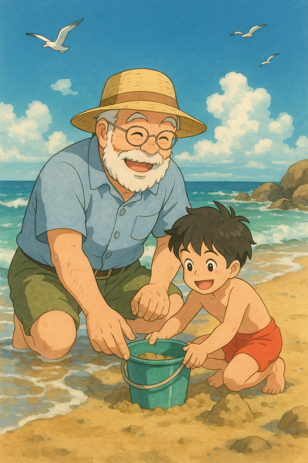 여름 바닷가에서 손자와 바다 놀이는 할아버지를 그린 지브리 스타일 일러스트