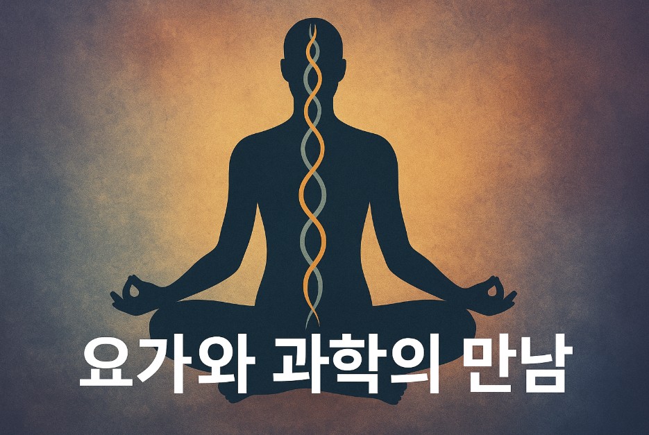 어두운 실루엣 형태의 인체 중앙에 이다 나디와 핑갈라 나디가 파란색과 빨간색 곡선으로 교차하며 척추를 따라 표현되어 있고, 이미지 하단에는 “요가와 과학의 만남”이라는 문구가 굵고 선명하게 배치되어 있다. 배경은 에너지 흐름을 상징하는 빛의 잔물결로 구성되어 있으며, 전체적인 분위기는 신비롭고 집중된 느낌을 전달한다. 이 이미지는 요가의 에너지 시스템과 현대 과학의 조화를 시각적으로 드러내는 데 목적이 있다.