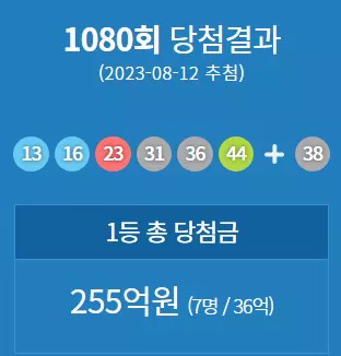 1080 회차 당첨 결과 이미지