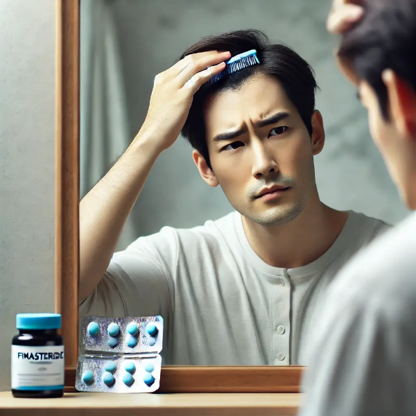 거울을 보며 헤어라인을 확인하는 한국인 남성, 옆에는 피나스테리드 약이 놓여 있는 탈모 치료 컨셉