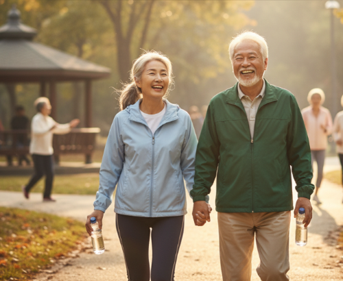 활기찬 노년 부부가 야외에서 웃으며 으며 걷거나 가볍게 운동하는 모습