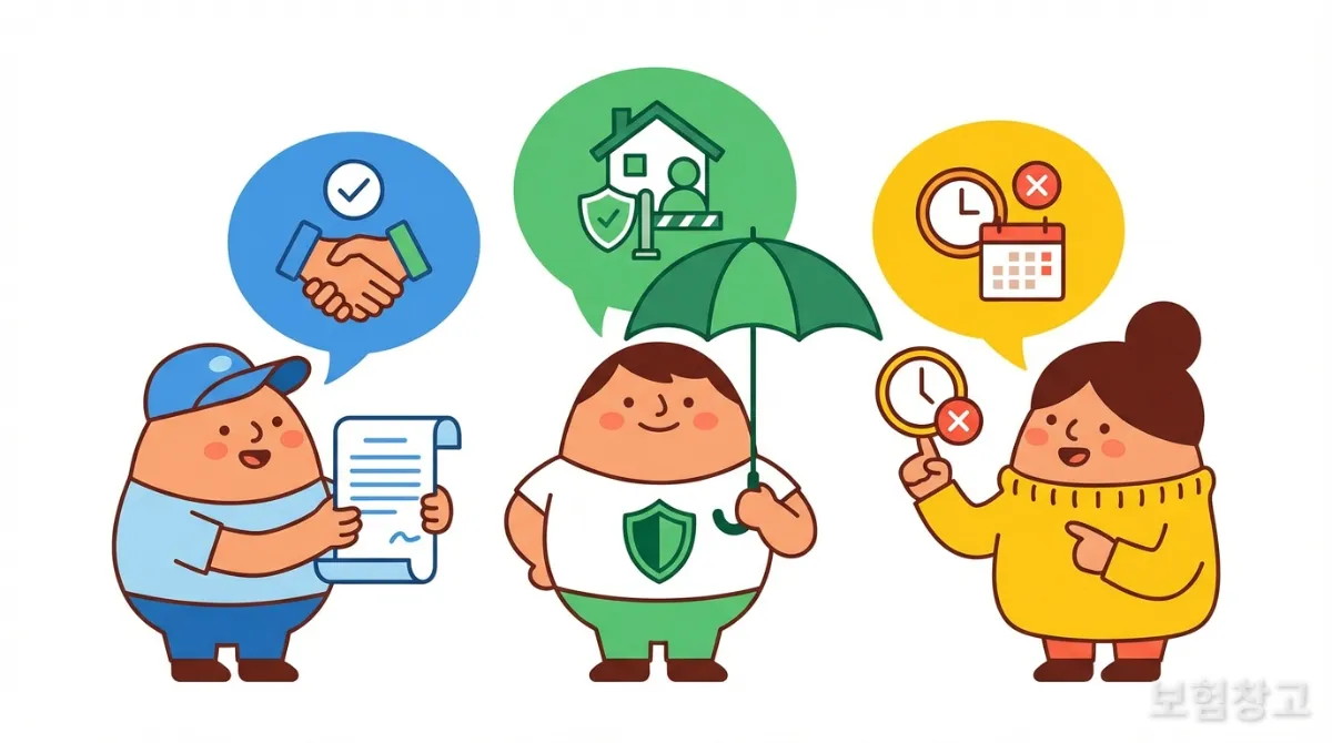 보험 약관 핵심 용어를 설명하는 귀여운 한국인 캐릭터들