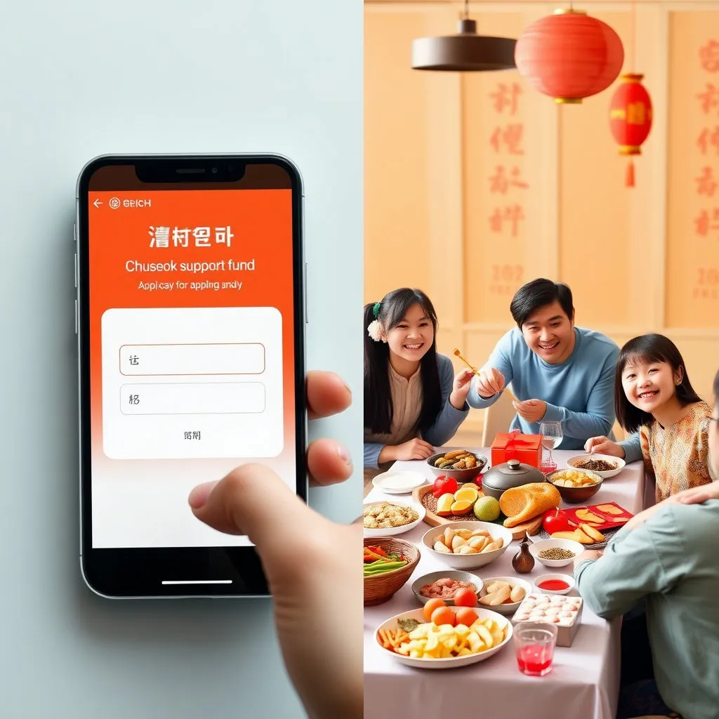한쪽에는 간단한 클릭 몇 번으로 지원금을 신청하는 듯한 모바일 화면이 있고, 다른 한쪽에는 그 결과로 얻게 되는 풍성한 물품이나 환하게 웃는 가족의 모습이 배치됩니다. 쉽고 빠른 신청 절차와 실질적인 혜택을 연결하여 보여줍니다.