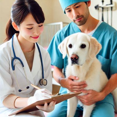 동물보건사가 수의사의 감독 하에 강아지의 진료를 보조하고 있다