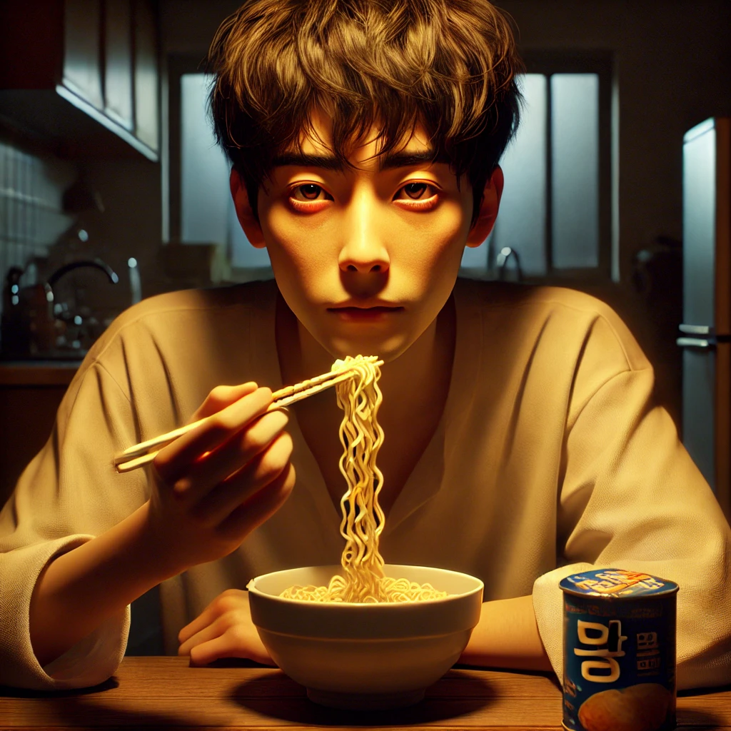 늦은 밤, 피곤한 얼굴로 야식을 먹는 사람의 모습
