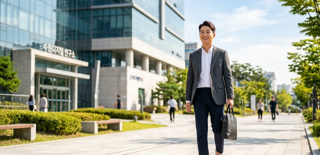 정장을 입은 사회초년생이 당당하게 미소 지으며 서류 가방을 들고 있는 모습