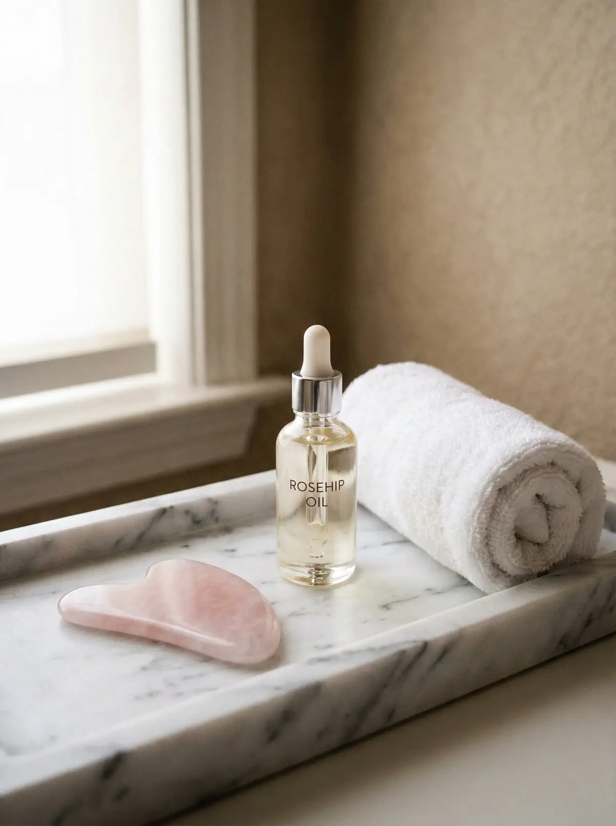 괄사 도구나 마사지 오일, 수건이 놓인 힐링 스파 분위기의 연출