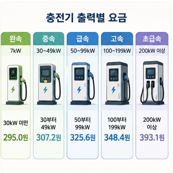 기후에너지환경부 공공 충전기의 30kW 미만부터 200kW 이상까지 다섯 가지 출력 구간별 1kWh당 충전요금을 비교한 그림