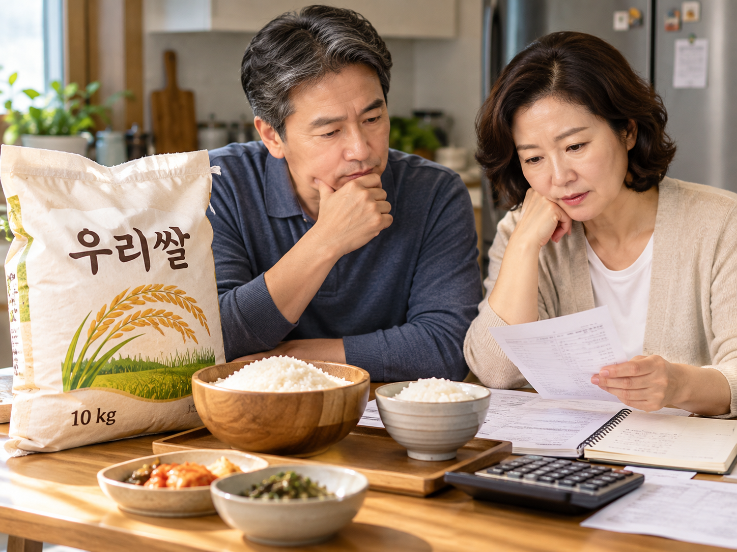 식탁 위 쌀 포대와 밥그릇을 놓고 생활비를 살펴보는 중장년 한국인 부부