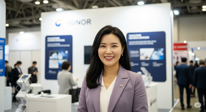 박람회에서 전시 부스를 배경으로 미소 짓는 여성