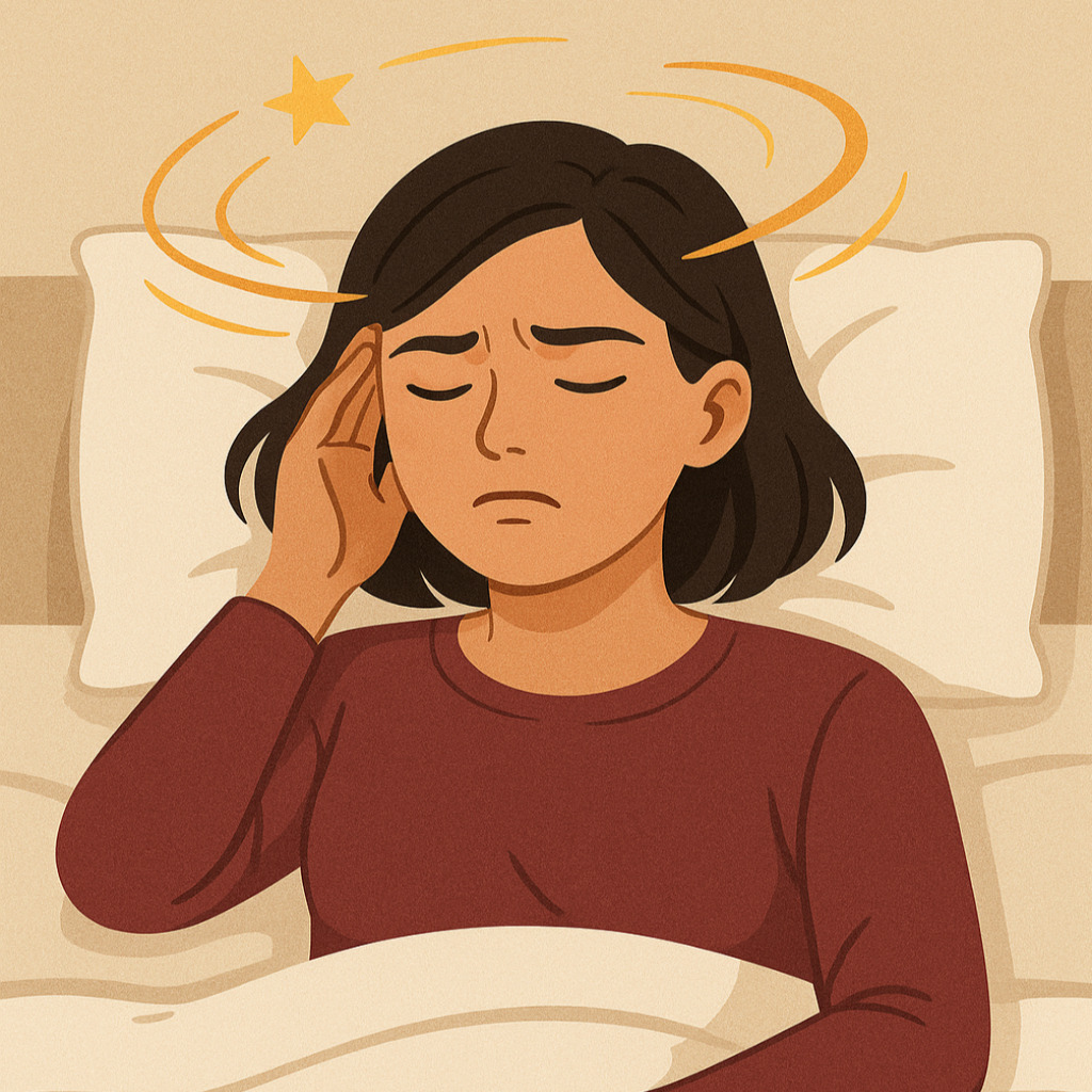 침대위에서 어지럼증을 느끼는 여자